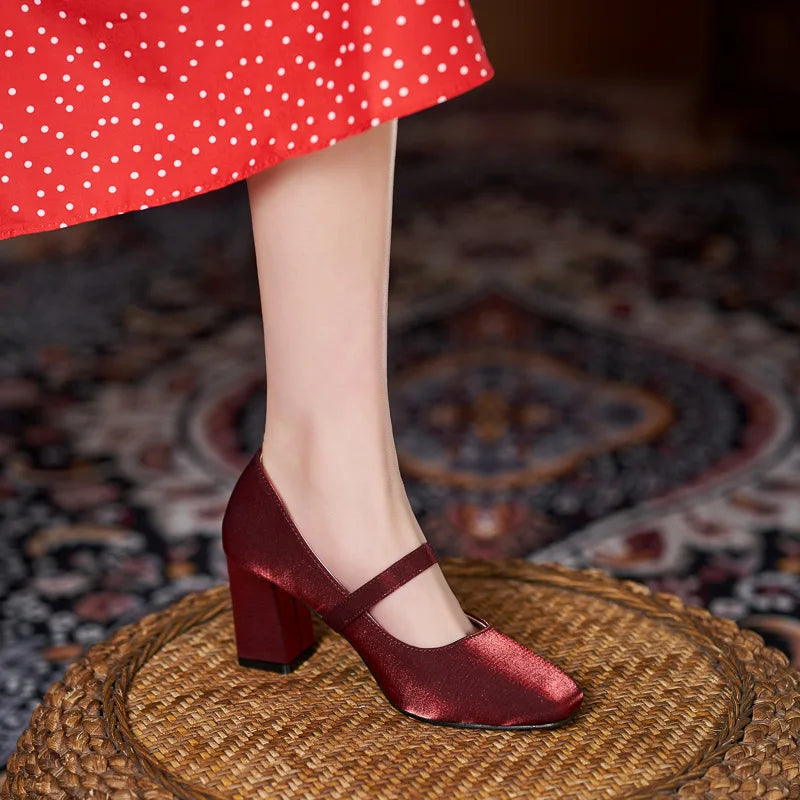 MQTIME - Vintage Pearl Buckle Thick-Heeled Silk Satin High Heels Mary Jane Shoes for Women Chunky Heels Pumps Woman Shoes Fat Wide Feet