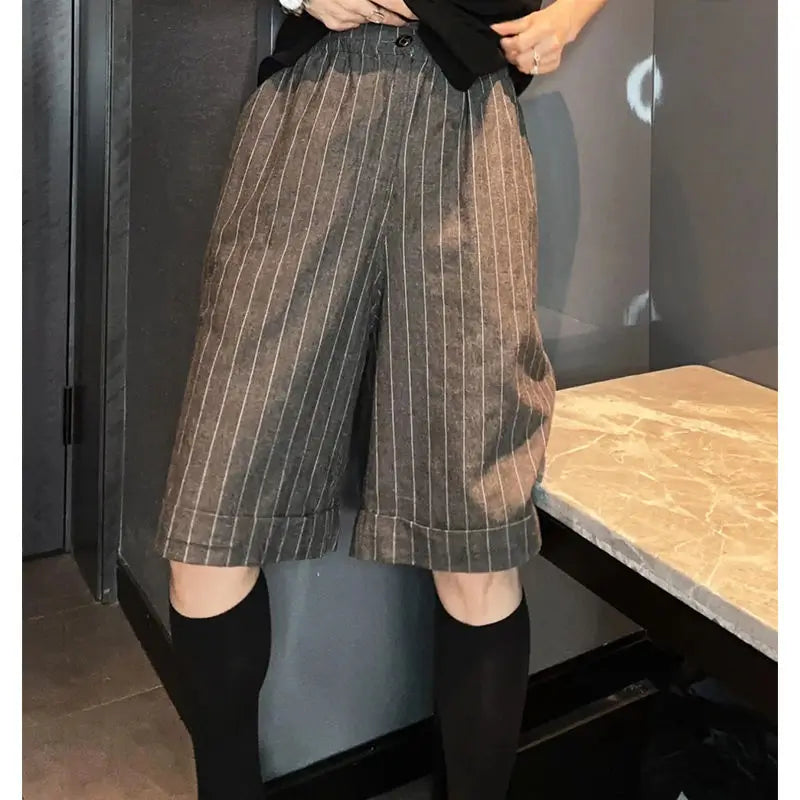nvxiot - Summer New Versatile Casual Suit Shorts for Women Korean Fashion Stripe High Waist Slimming Split Knee Length Pants Women Trendy