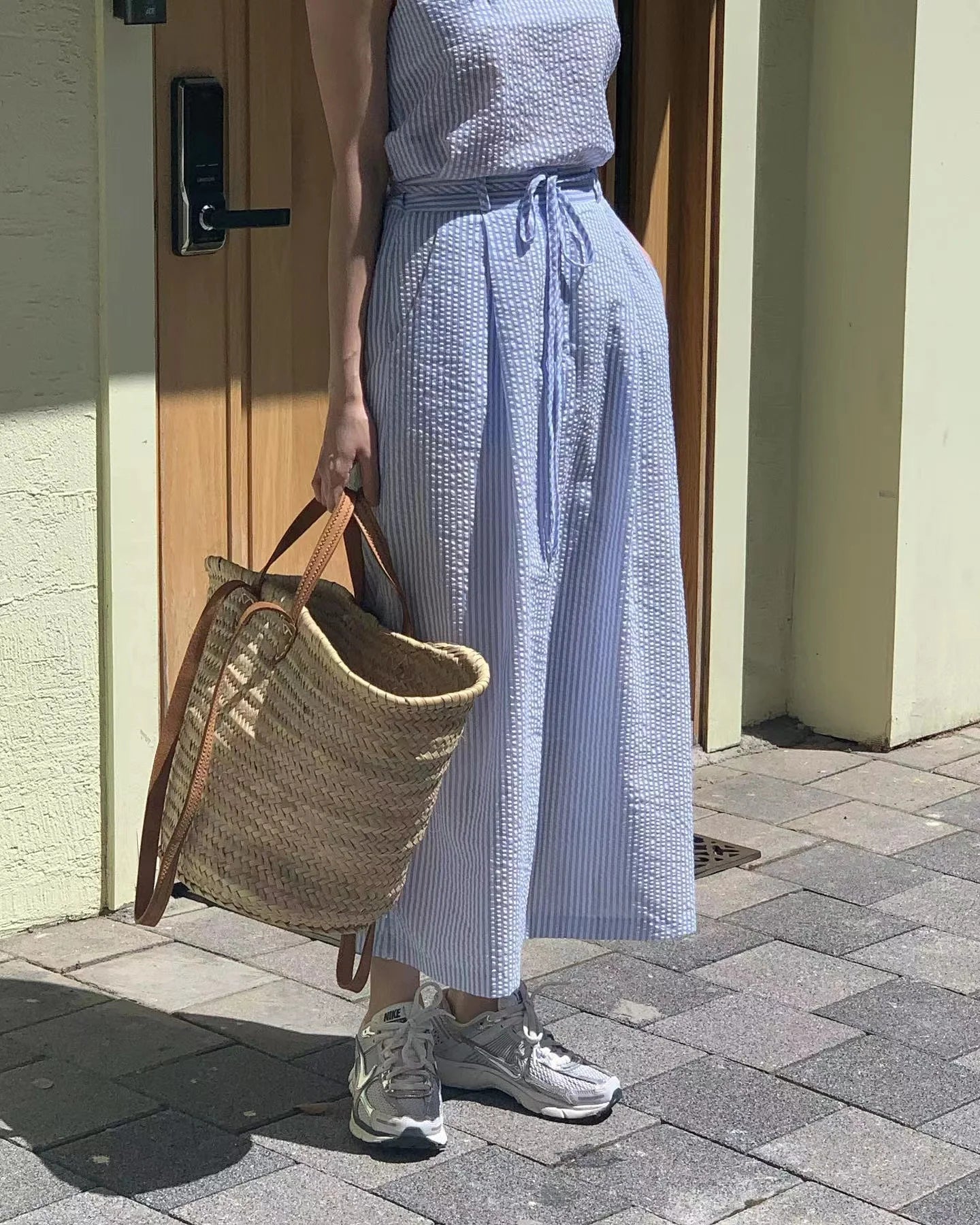 nvxiot - Refreshing Summer Style Square Neck Blue Stripe Sleeveless Tank Top Paired With High Waist Slim Skirt Two Piece Set