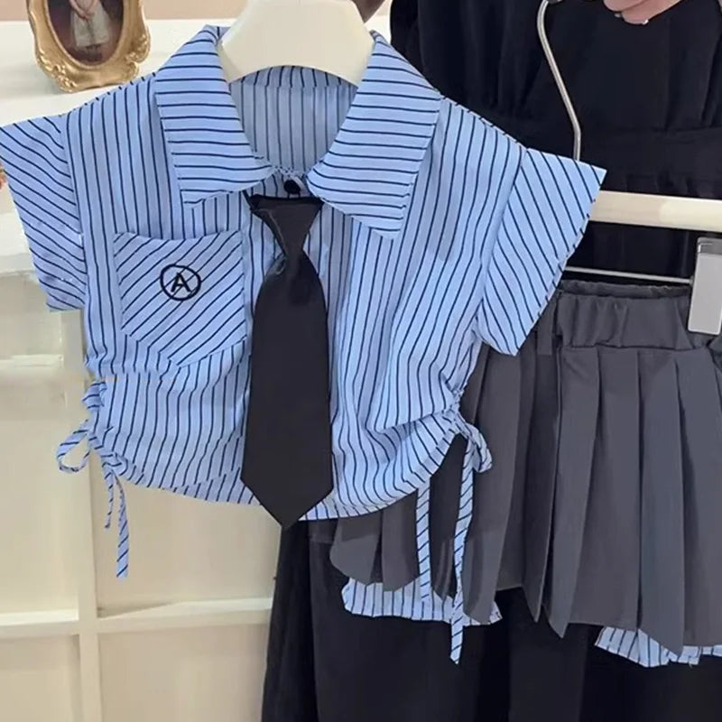 MQTIME - Children's Clothing Suit Summer Girl Campus Fashionable Stripe Flying Sleeve Shirt Top+ Irregular Short Skirt School Uniform