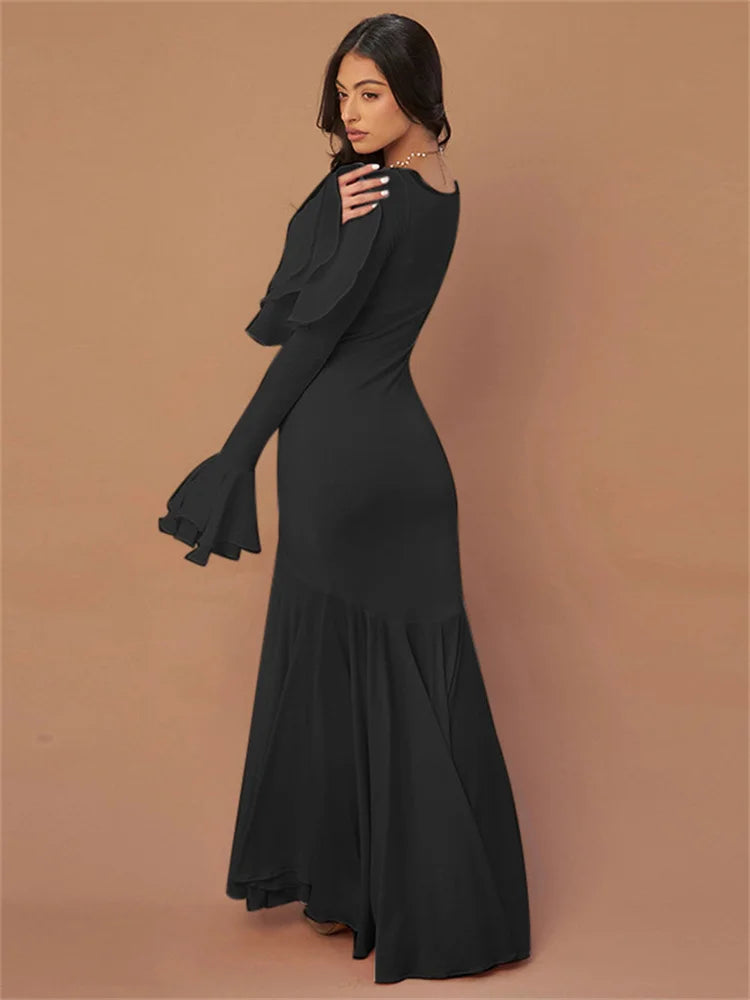 nvxiot - Ruffled Square Collar Fashion Maxi Dress For Women Bandage Slim See-Through High Waist Party Dress Gown Women's Long Dress