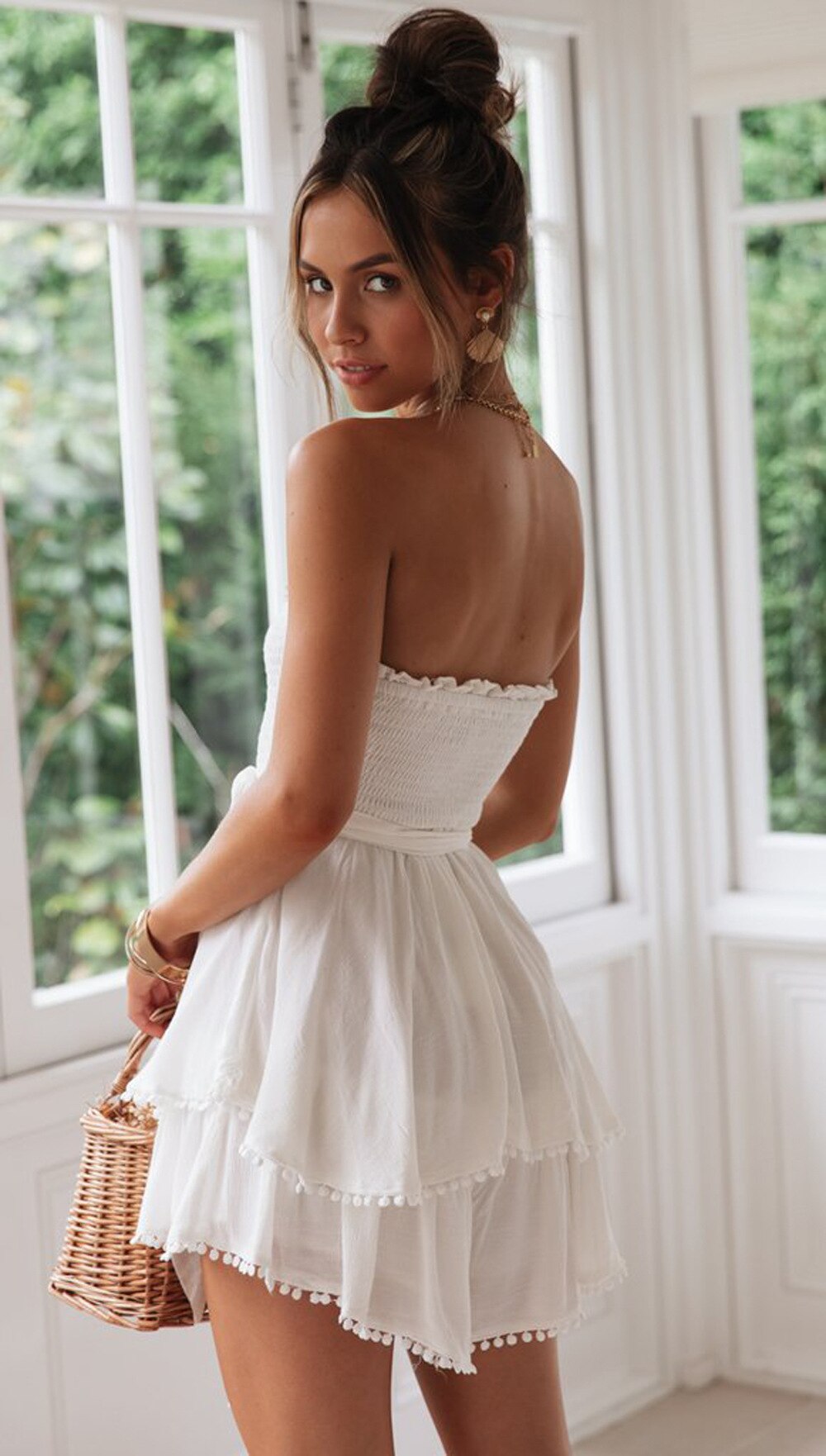 nvxiot Summer New Lace-up Bandeau Sexy Ruffled Dress