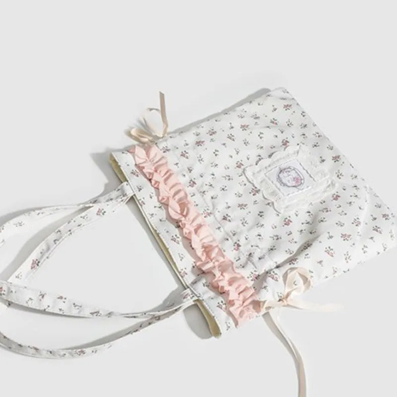 MQTIME - Fairycore Floral White Shoulder Bags Women Sweet Cute Drawstring Canvas Tote Bag Ladies Harajuku Aesthetic Handbag Y2k