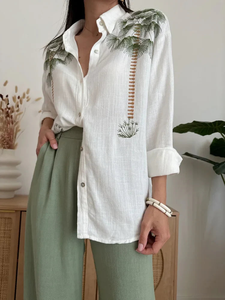 MQTIME - Casual Green Print Shirts Set Women Loose Single Breasted Blouses Pleated Drawstring Wide Leg Pants 2024 Summer Lady Outfit