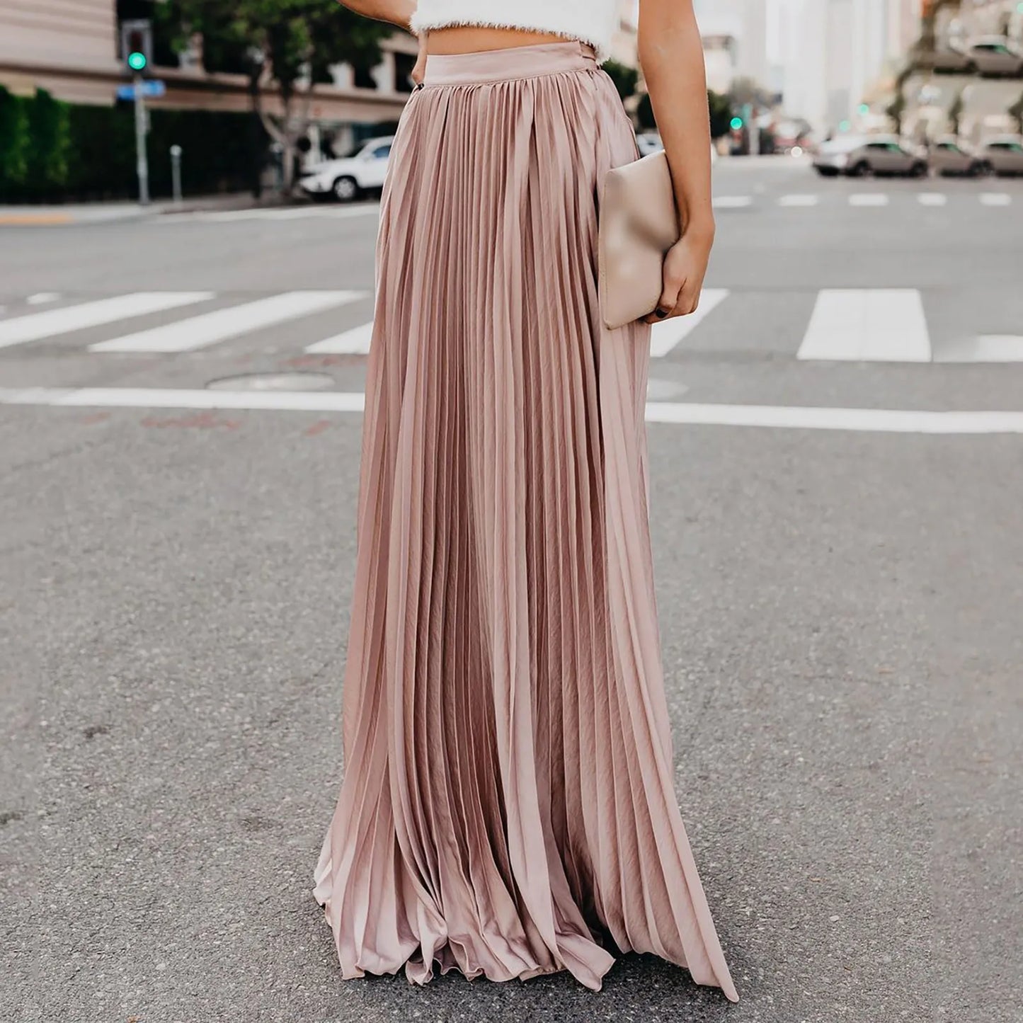 MQTIME - Women's Fashion High Waist Big Swing Maxi Skirts Vintage Bohemian Solid Color Pleated Long Skirt Female Holiday Beach Wear