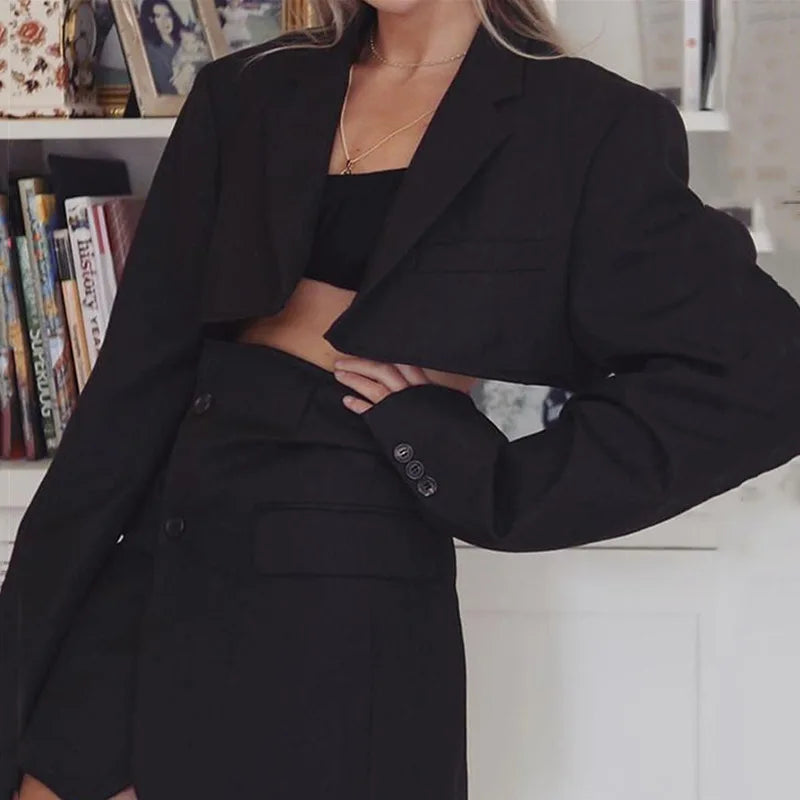 MQTIME - New Fashion Women Elegant Cottagecore Blazers Solid Colors Single Button Long Sleeve Short Blazers Sexy Mini Skirts Indie