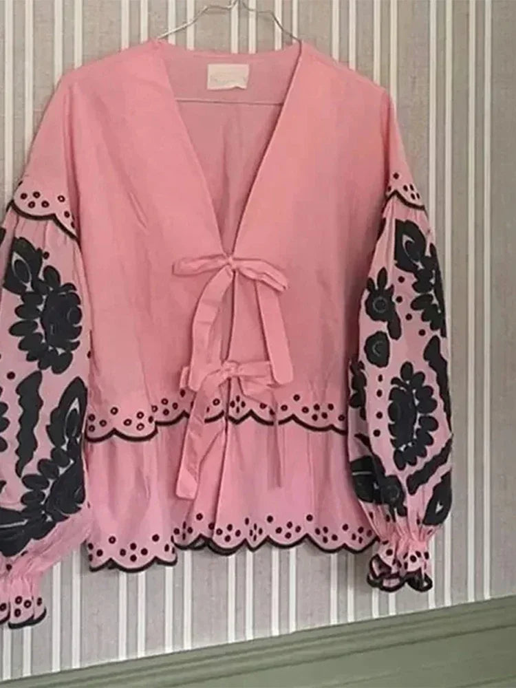 nvxiot - Elegant Floral Print Lace Up Bow Shirts for Women Sweet V Neck Lantern Long Sleeve Blouse Spring Summer Female Streetwear Tops