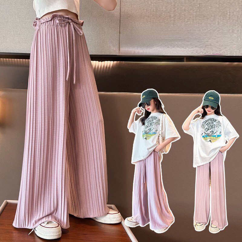 nvxiot Girls Ice Silk Casual Pants 2023 Summer Thin Loose Fashion Wide Leg Pants for Kids Fashion Pit Elastic Waist Children Trousers
