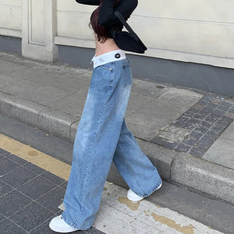 nvxiot Korean Letter Printed Loose Y2K Casual Jeans Women Spring New High Waist Flap Fashion All-match Wide Leg Pants