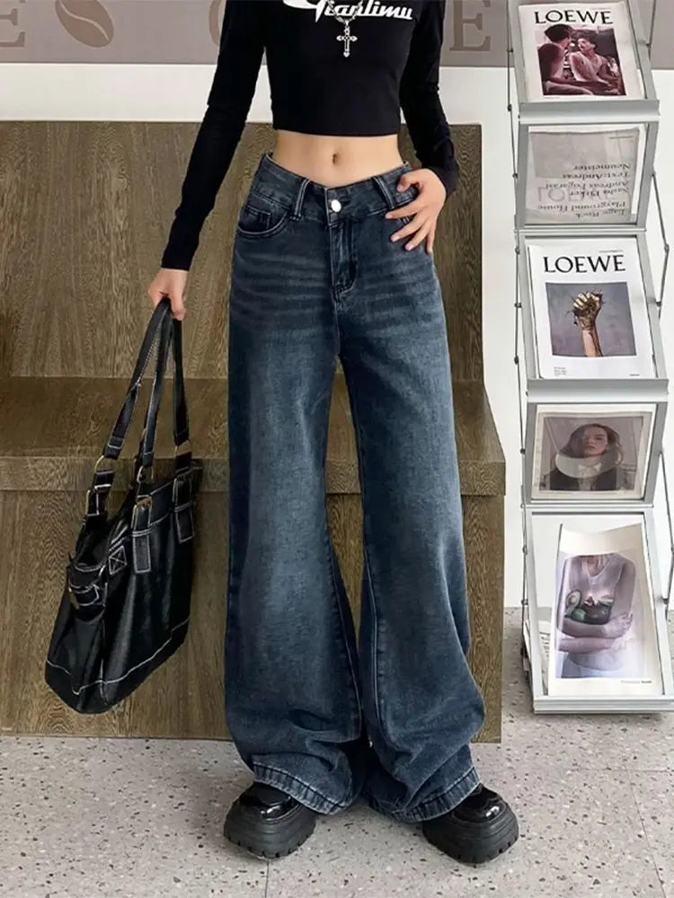 nvxiot - Vintage Blue Jeans Women Streetwear Casual Baggy Pants Wide Leg Korean Fashion Basic Denim Trousers High Street