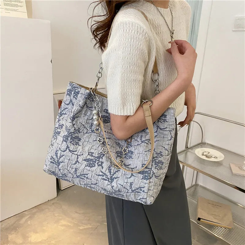 nvxiot - Summer European Fashion Black White Blue Print Lady Handbag Luxury Design Women's Underarm Bag Large Capacity Tote Bag