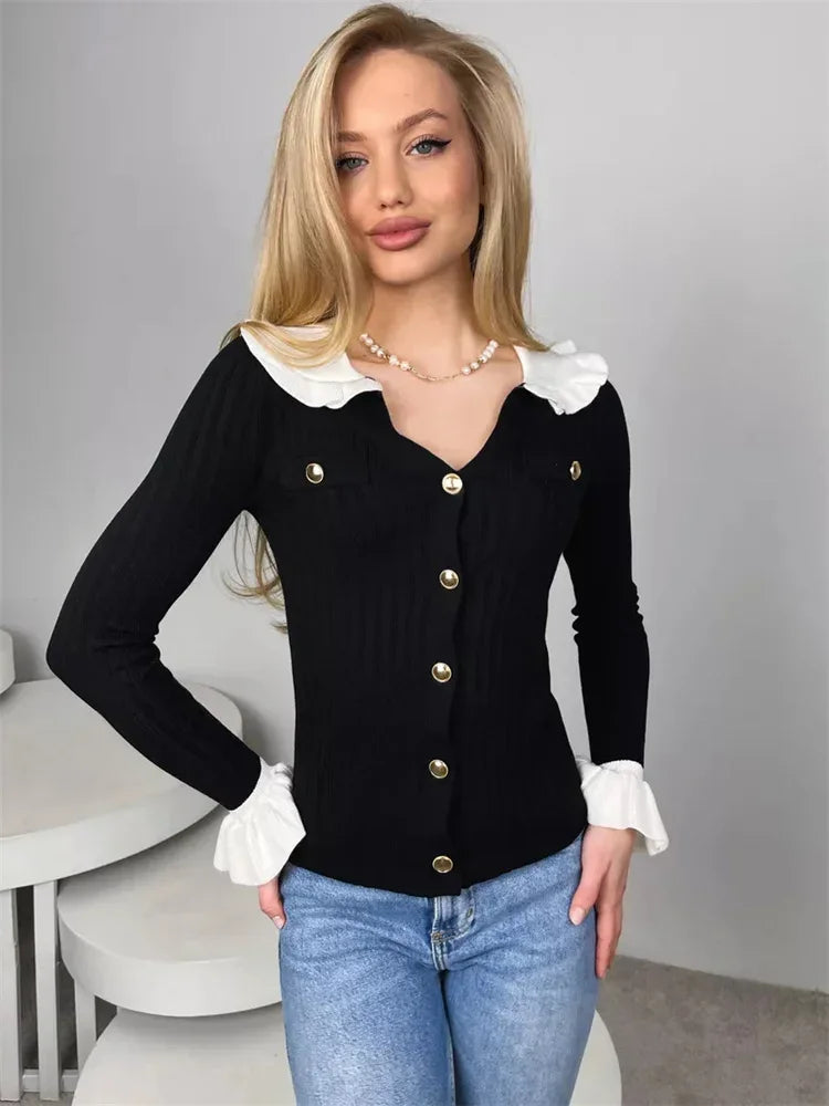 nvxiot - Ruffled Knit Cardigan Sweater For Women V-Neck Contrast Pocket Patchwork Slim Elegant Cropped Top Female Knitwear Cardigan
