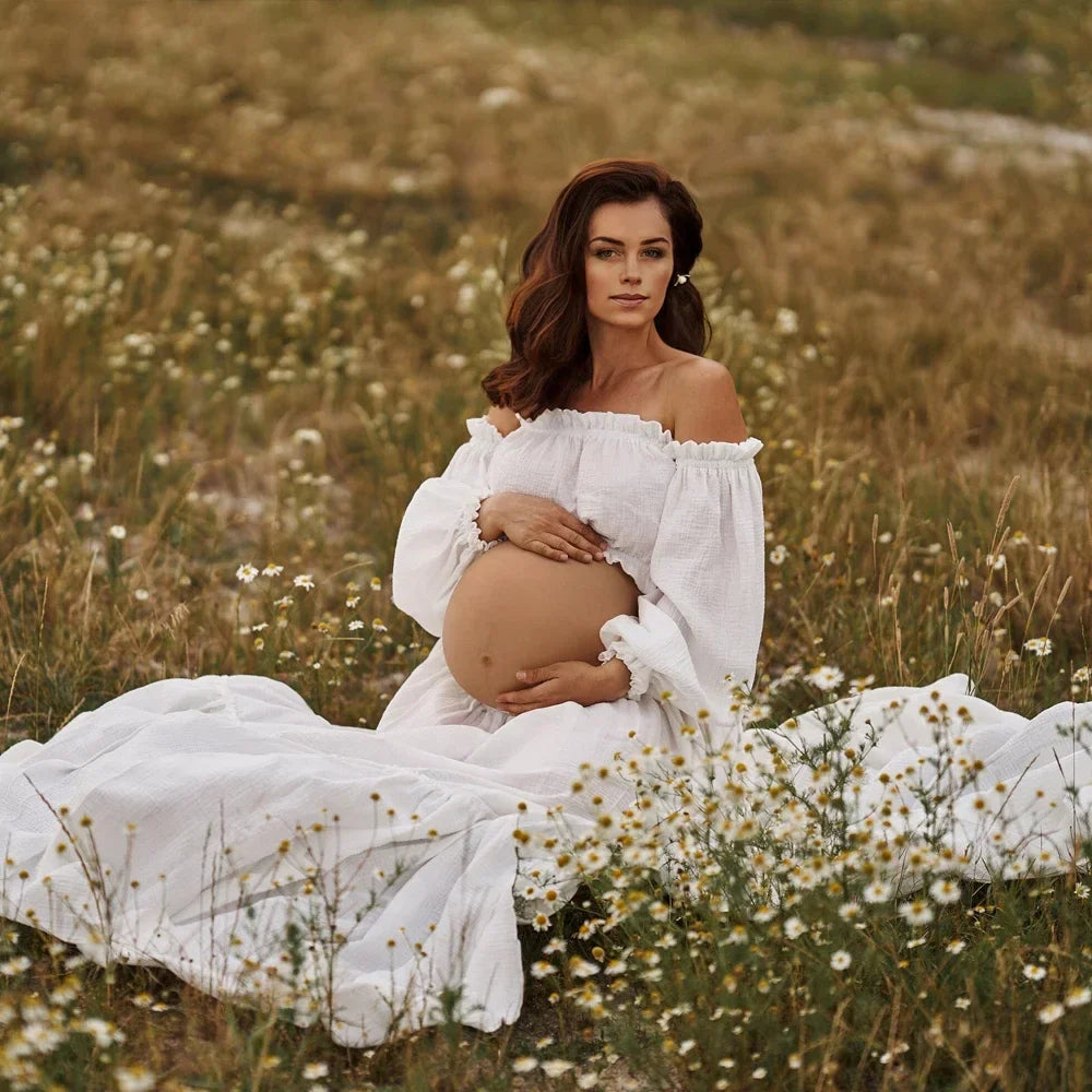 nvxiot - Retro Bohemian Pregnancy Dress Photo Shooting Comfortable Maternity Wear Linen Cotton sexy Off Shoulder Top Large Skirt Hem