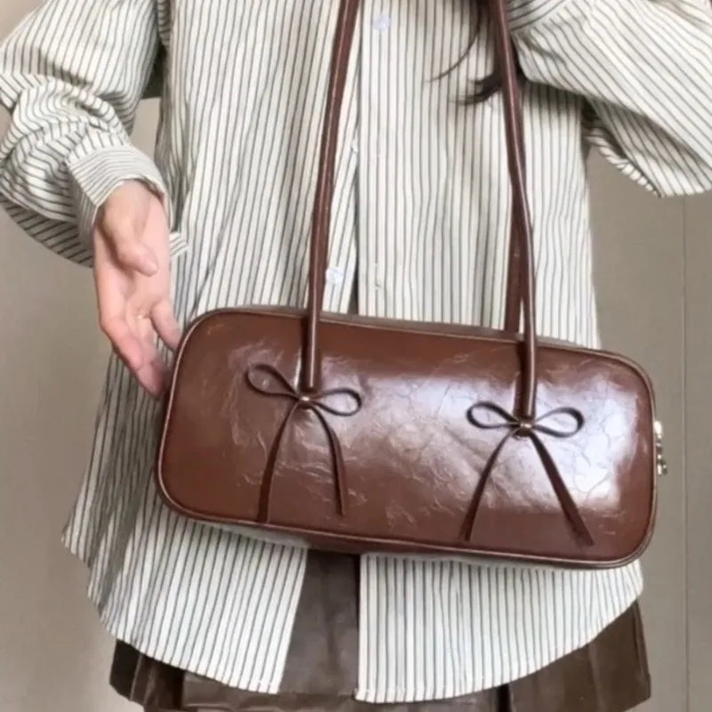 nvxiot - Red Womens Shoulder Bag Vintage Fashion Casual Elegant Bow Handbag Leather Advanced Literary Designer Female Aesthetic Bags
