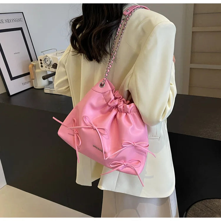 MQTIME - 2024 Summer New Ladies Handbag Fashion Simple Beige Pink Silver Pu Bucket Bags For Women Trendy Casual Shoulder Bag Crossbody