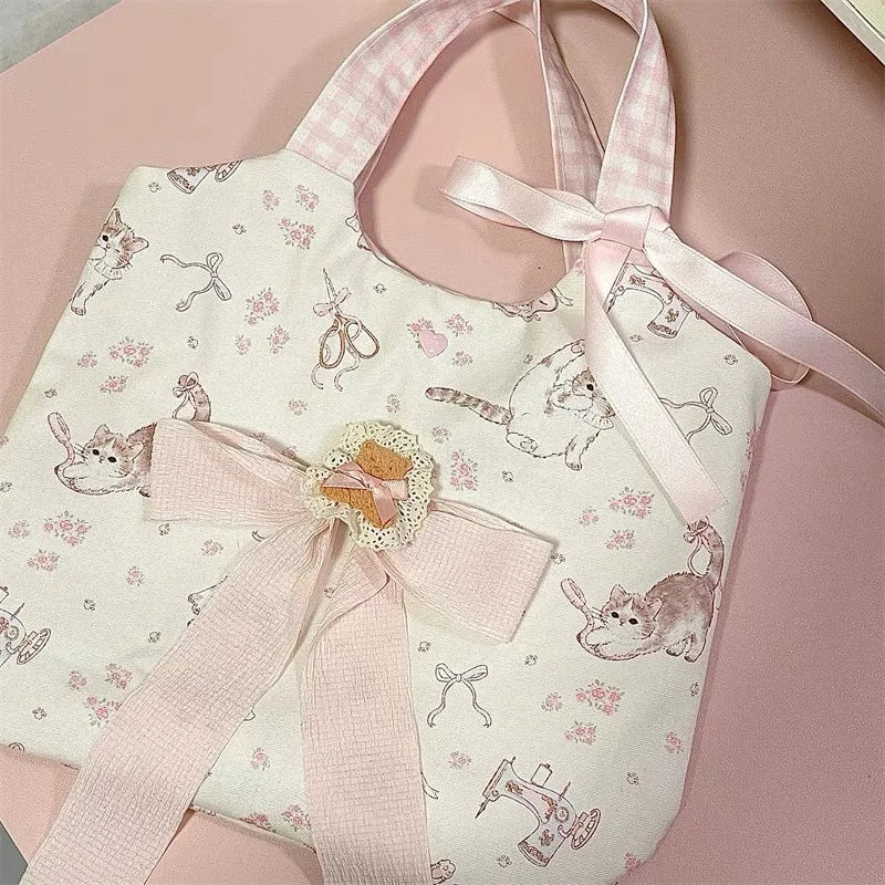 MQTIME - Sweet Cat Floral Print Student Handbag Lovely Girl Tote Bag Large Capacity Big Square Shoulder Bag Handbags
