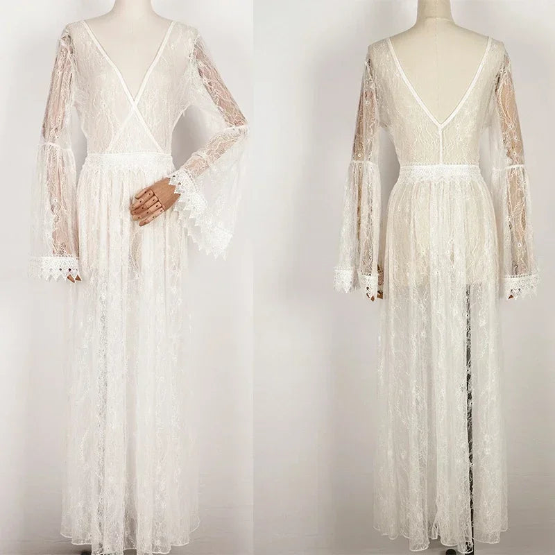 nvxiot - White Sexy Maternity Dresses For Photo Shoot Lace Fancy Pregnancy Dress Photography Props Flare Sleeve Pregnant Women Maxi Gown