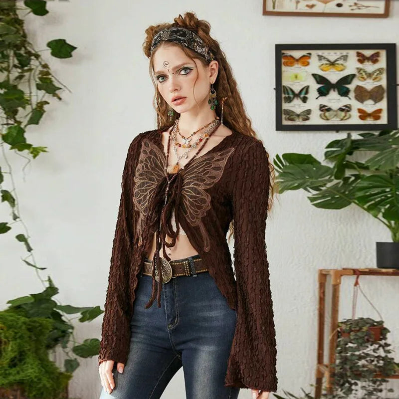 MQTIME - Retro Butterfly Print Cardigan Women's Flare Sleeved Texture Gypsy T-shirts Straps Mori Girl Vintage Slim Knitted Sweater Mujer