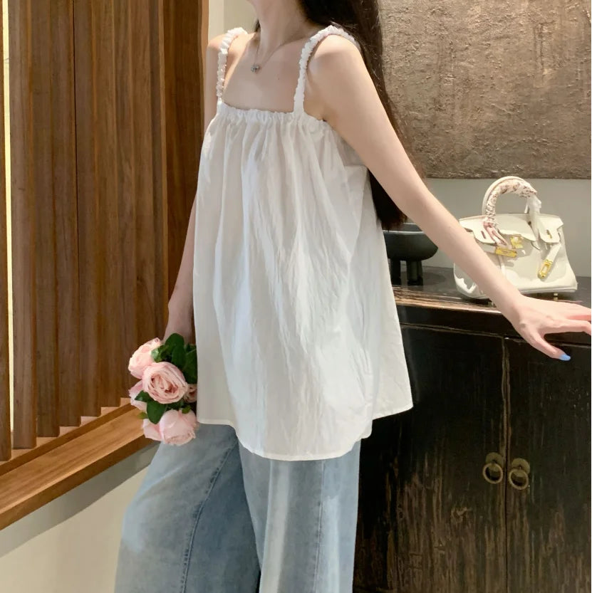 nvxiot - 2024 Summer Dopamine Versatile Slimming Tank Top Bow Top with One Line Neck Beach Style Long Top Sweet Girl Style
