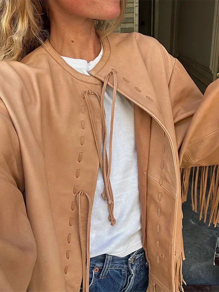 nvxiot - Fashion O Neck Tassels Patchwork Jackets For Women Solid Bow Lace Up Long Sleeves Outerwear 2024 Autumn New Lady Street Coats
