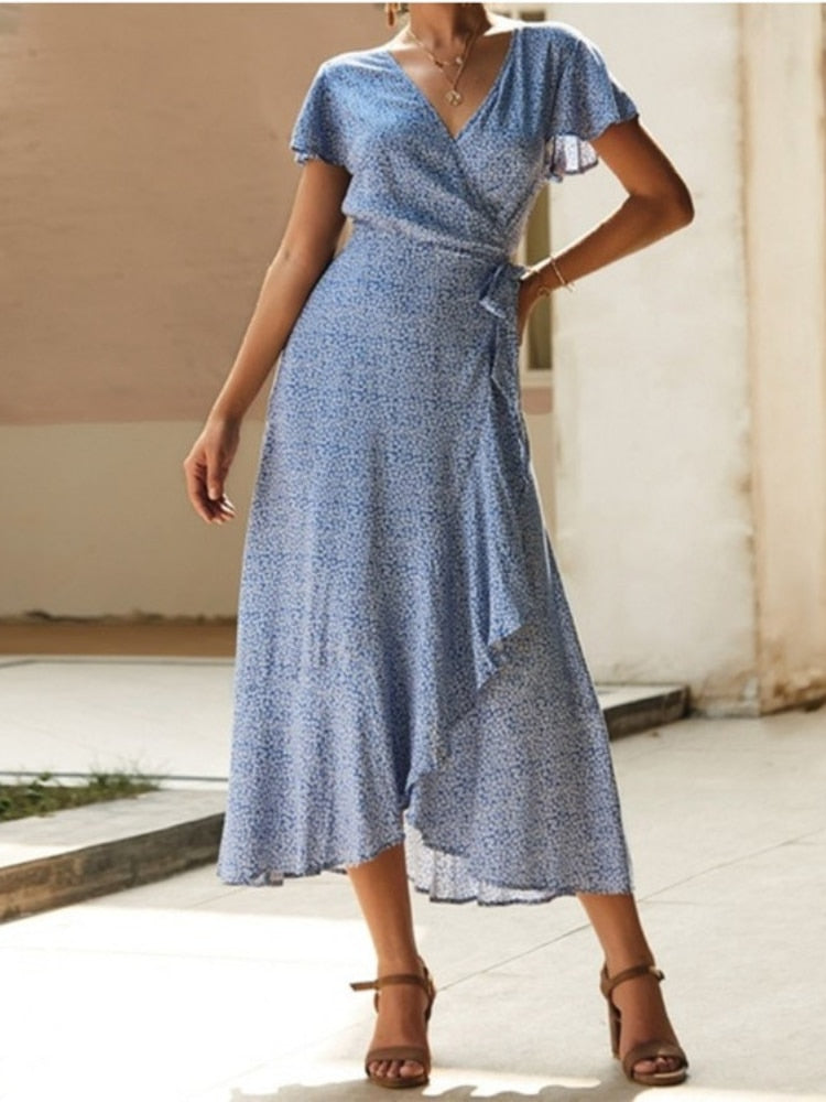 nvxiot New In Dresses Summer Dress for Women 2023 V-neck Floral Short Petal Sleeve Long Dress Beach Dress Women Clothing Streetwear