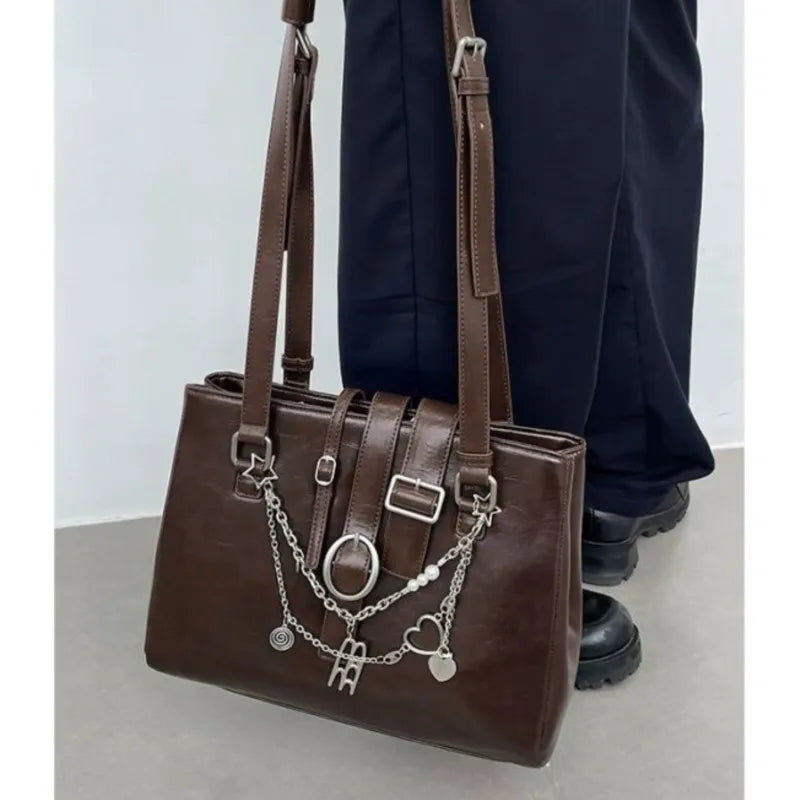 nvxiot - Sweet Cool Brown Shoulder Bags Purse Women High Street Leather Chain Handbag Ladies Moto Biker Casual The Tote Bag Y2k