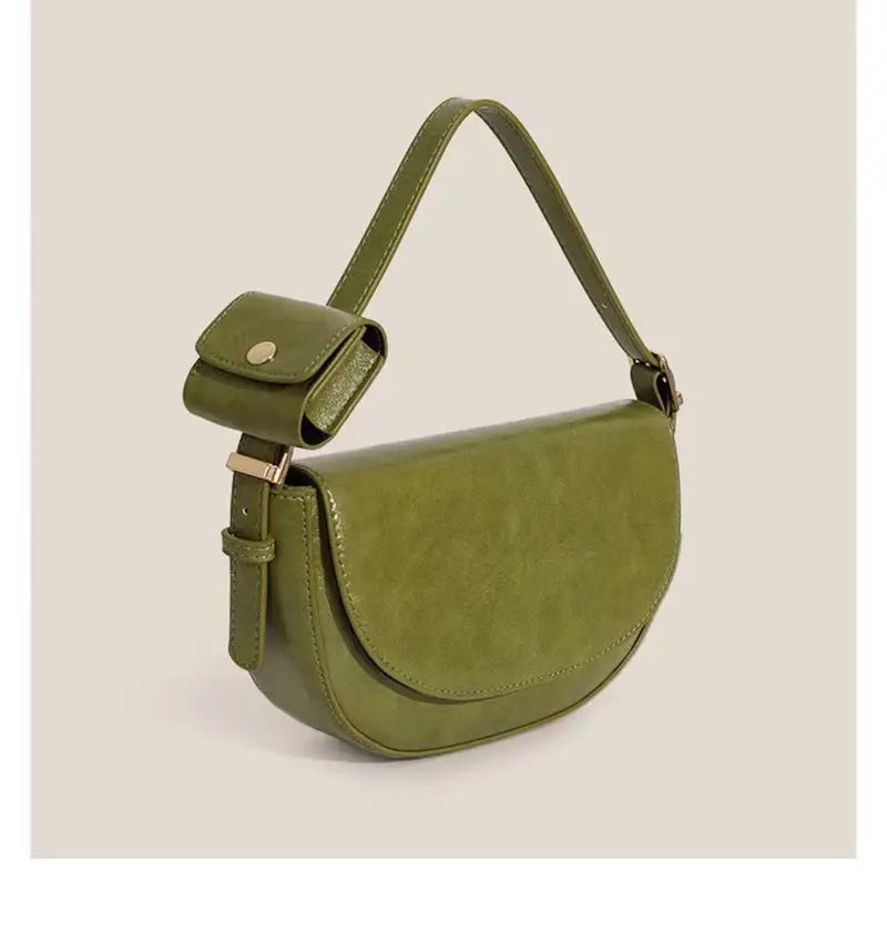 nvxiot - Vintage Green Shoulder Bag Women High Street Leather Casual Saddle Bag Handbag Female Retro Solid Crossbody Bags Ladies