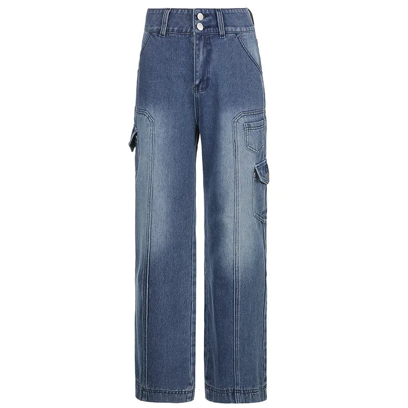 nvxiot Jeans for women high-waisted straight casual pants irregular pocket cargo pants mopping women's retro denim wide-leg trousers