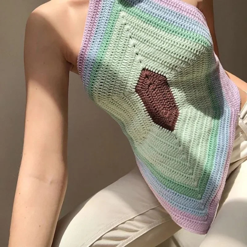 nvxiot - Summer Patchwork Knitted Cropped Top Ladies Halter Neck Y2K Halter New Green T-shirt Casual Party Sleeveless Sexy Vest
