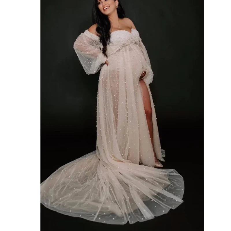 nvxiot - Maternity Pearl Dress Gown Maternity Pregnancy Tulle Dresses For Photo Shoot Clothes