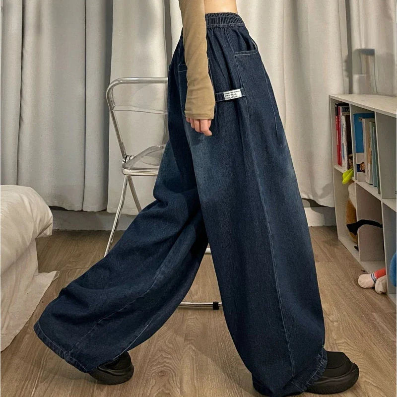 nvxiot - Elastic Waist Oversized American Trouser Denim Wide Leg Streetwear Straight Basic Pants Y2k Spring Women Vintage Baggy Jeans