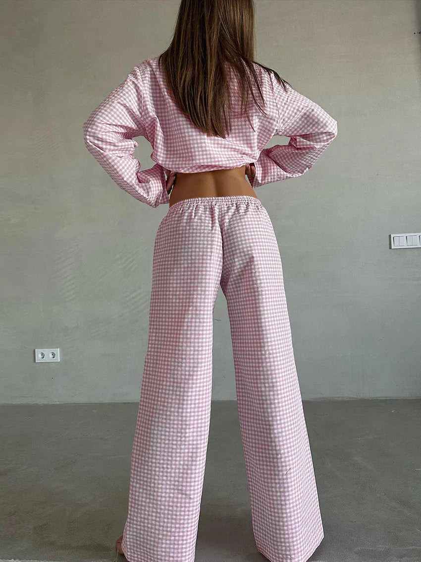 MQTIME - Marthaqiqi Plaid Women Nightwear Suit Long Sleeve Nightgowns Turn-Down Collar Sleepwear Wide Leg Pants Ladies Pajama 2 Piece Set
