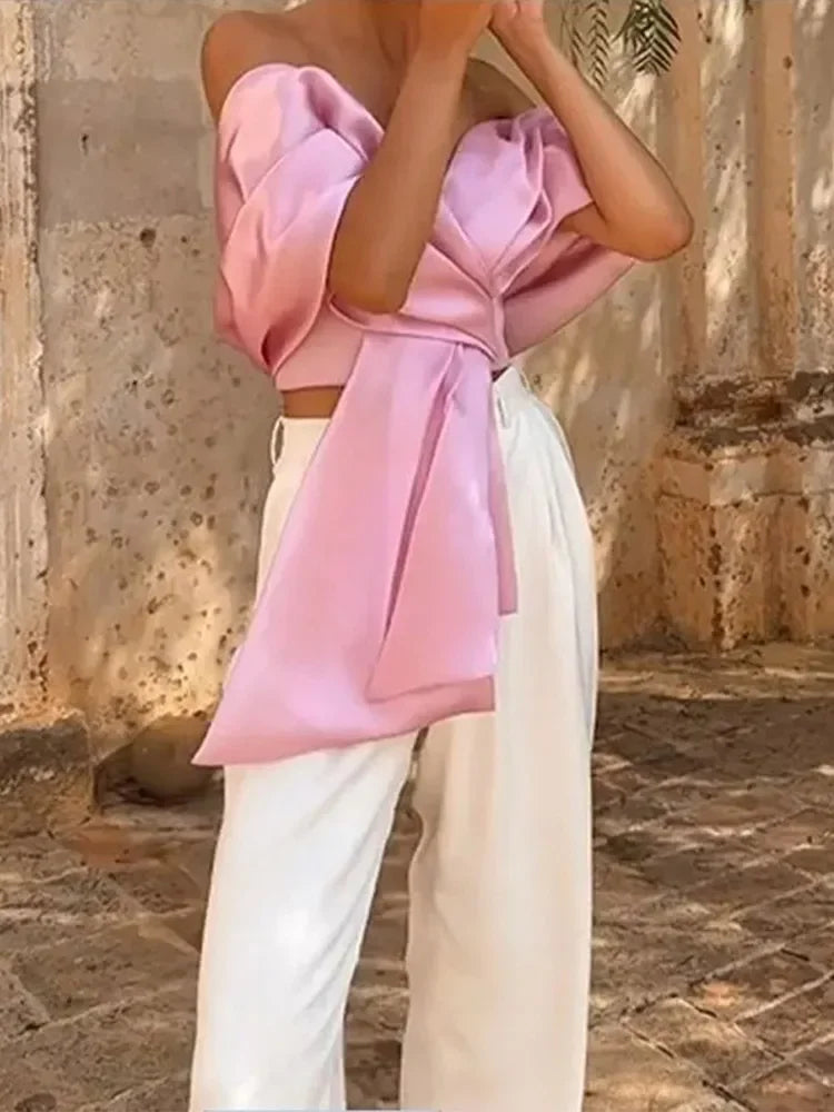 MQTIME - Chic Pink Satin Pleated Bow Tops Women Stylish Off Shoulder Backless Cropped Vest 2024 Spring Autumn Fashion Female Streetwear