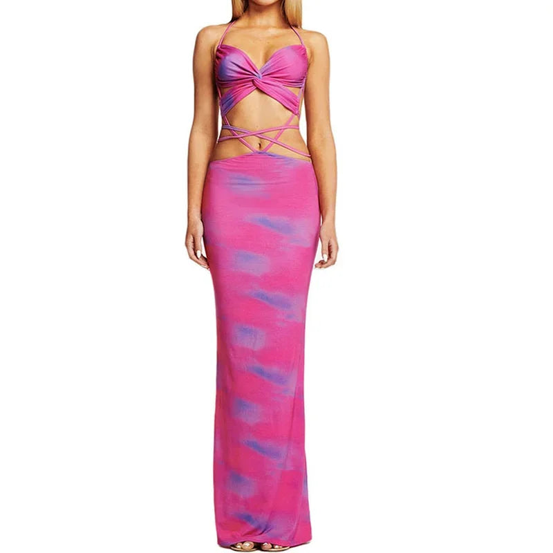 nvxiot - Summer New Tie-dye Printing Y2K Women's Sexy Cross Straps Hollow Sexy Backless Slim Beach Bag Hip Dress Vestido De Mujer