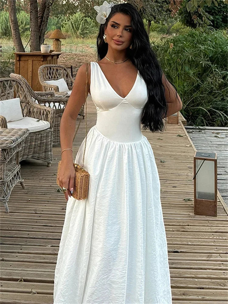 nvxiot - Fall Outfits 2024 Casual V-Neck Sexy Long Dress For Women Pleated Backless High Waist Patchwork Slim Party Dress Female Elegant Maxi Dress