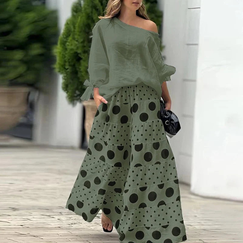 MQTIME - Fashion High Street Outfits Casual Diagonal Neck Hollow Top with Wide Leg Pants Sets Summer Loose Polka Dot Printed Women Suit