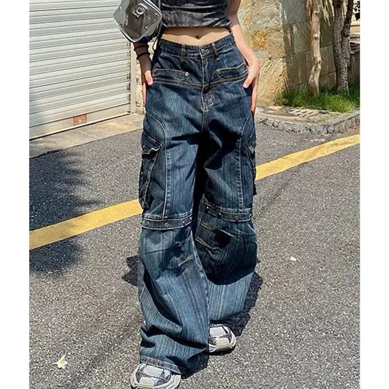 MQTIME - Summer Womens Jeans High Waist Baggy Casual Vintage Y2K Plus Size Straight Cargo Pants Street American Wide Leg Denim Trouser