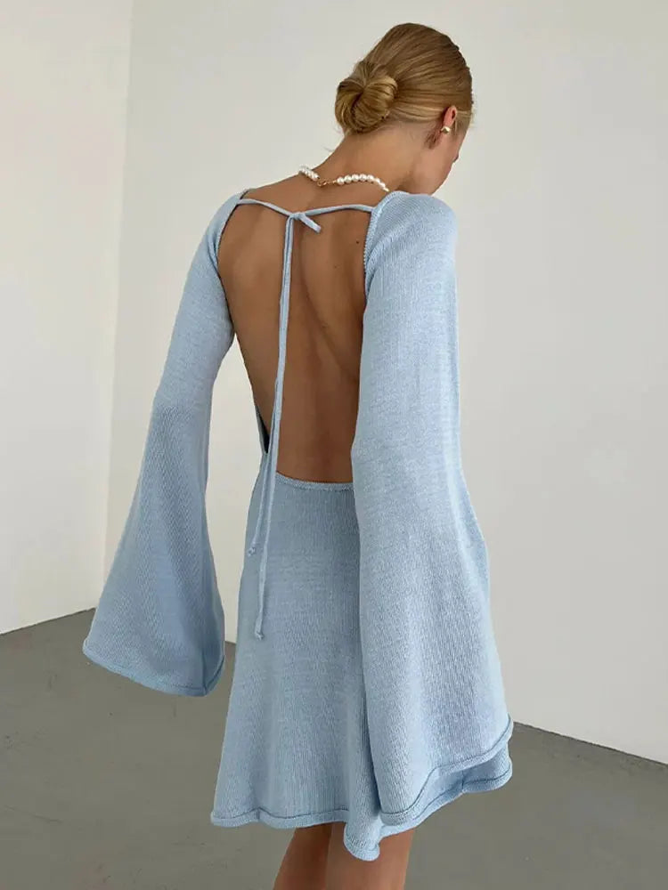 nvxiot Elegant Solid Backless Lace Up Knit Mini Dress Women U-neck Flare Long Sleeve A-line Dresses 2024 Summer Lady Beach Chic Robe