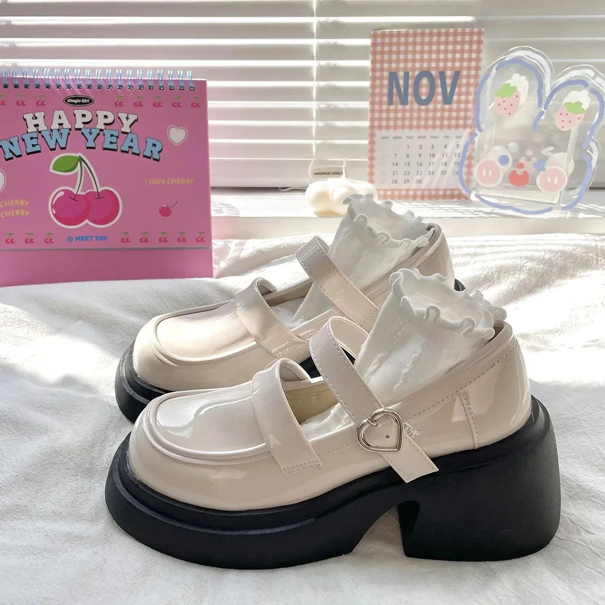 MQTIME - Women Platform Basic Mary Jane Shoes Prepppy Style Leather Heart Lolita Shoes Japanese Jk Female High Heel Shoes
