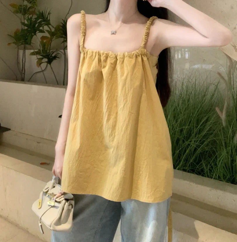 nvxiot - 2024 Summer Dopamine Versatile Slimming Tank Top Bow Top with One Line Neck Beach Style Long Top Sweet Girl Style