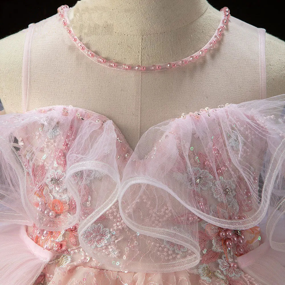 MQTIME - Sparkly Arabic Pink Girl Dress Beaded Pearls Dubai Kids Princess Birthday Wedding Party Ball Formal Gown 2024 J047