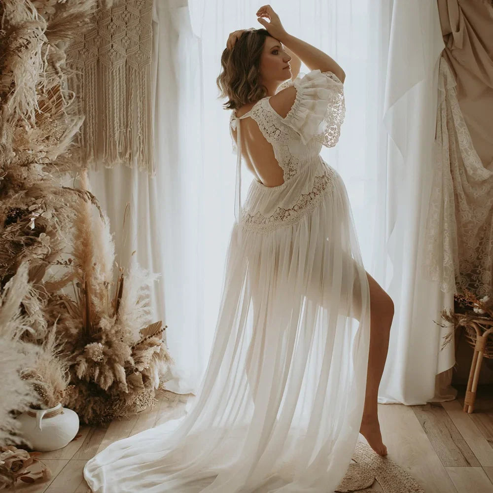 nvxiot - Maternity Photography Props Dress V-neck Embroidered Cotton Lace&Chiffon Dress Photo Shoot Photography Dress For Women