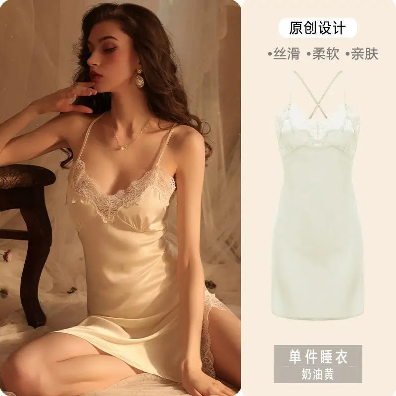 MQTIME - Sexy Kimono White Satin Lace Bathrobe Night Dress Women Rayon 2PCS Robe Gown Set Casual Nightgown Sleepwear