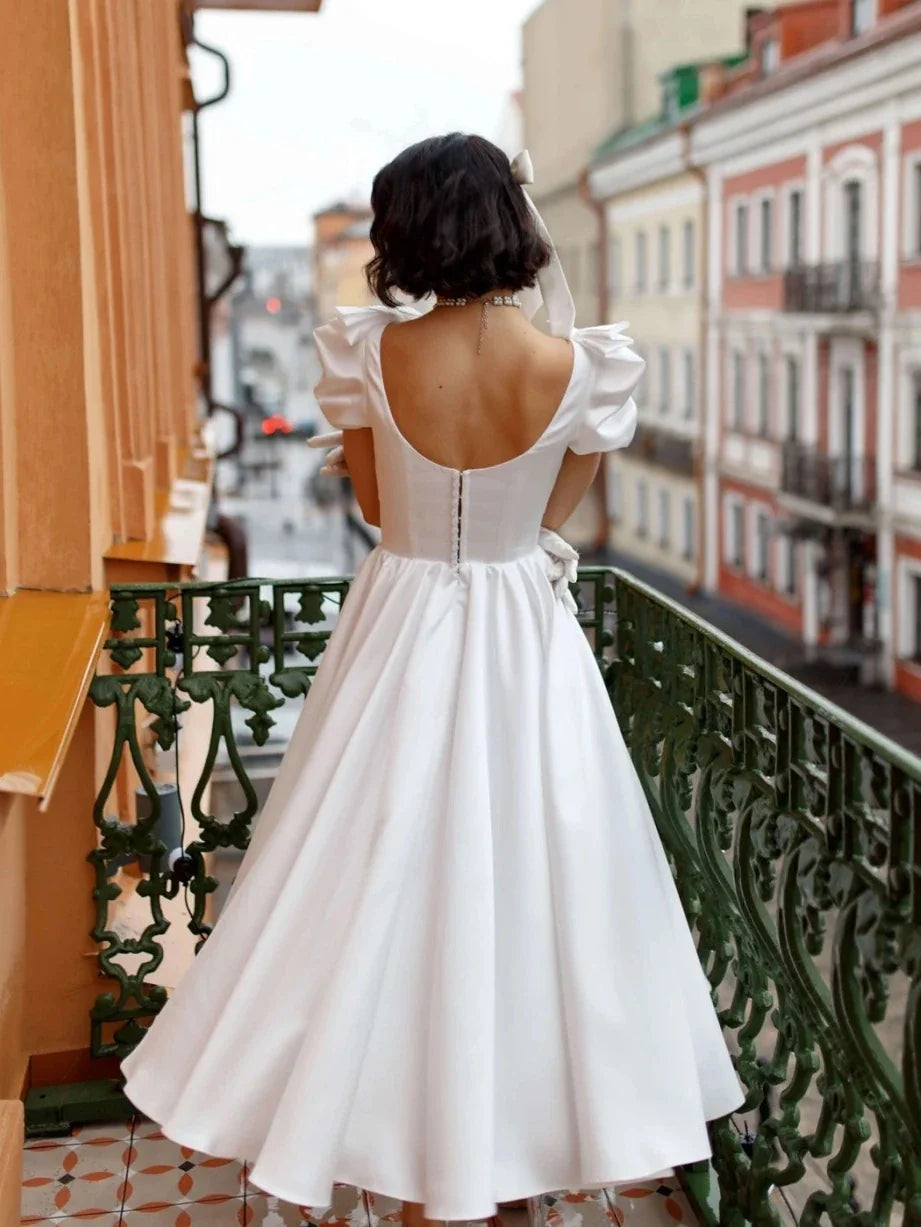 MQTIME - A-Line Puff Sleeves Backless Wedding Dress Beach Country Soft Satin Ankle Length Bride Gown Robe De Mariée Split Wedding Gown