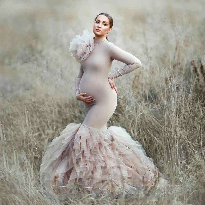 nvxiot Elegant Spandex Mermaid Maternity Dresses for Pregnant Woman Tiered Tulle Bottom Maternity Gowns Babyshower Dress Photoshoot