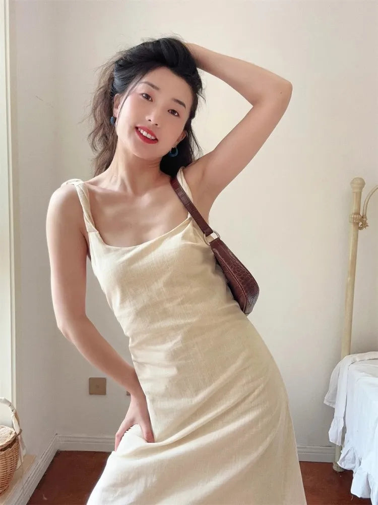 nvxiot - Open Back Cotton And Linen Dress For Women, Elegant And Fashionable Summer, Twisted Shoulder Straps, Vacation Strap Long Dress