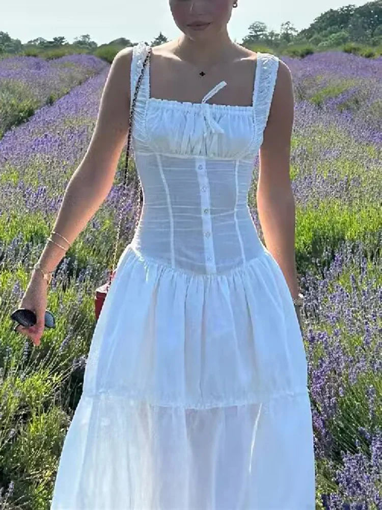 nvxiot White Spaghetti Strap Dress for Women Elegant High Waisted Lace Up Slim Dresses Female Pleated Chic Square Collar Long Vestidos