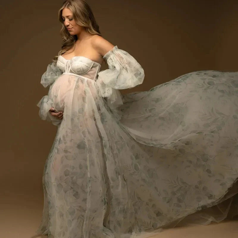nvxiot Floral Printing Maternity Dress for Photoshoot Pregnancy Pregnant Gowns with Removable Sleeve for Photoshoot Pregnancy
