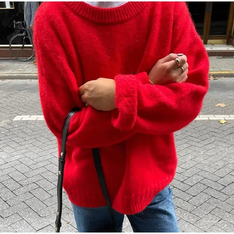 nvxiot Fashion Red Round Collar Knitted Sweater For Women Autumn Loose Knitted Pullover Female High Street Long Sleeve Lady Chic Jumper