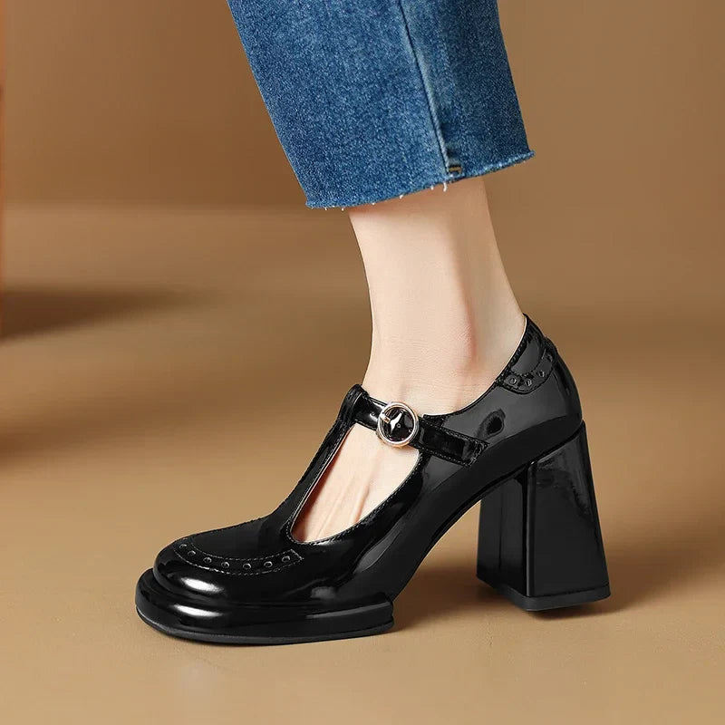MQTIME - 2024 new spring summer women pumps natural leather 22-24.5cm cowhide+pigskin round toe T-shaped buckle hollow out brogue